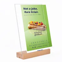 Carte de table en acrylique A4 moderne avec base en bois Panneau de table debout écologique pour l'affichage de décrochage Panneau de menu Panneau publicitaire