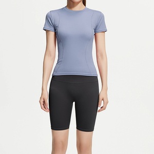 Camiseta de Yoga de Manga Corta para Mujer, Sólida, Delgada, de Secado Rápido, Transpirable, Cintura Elástica, Cintura Alta, Traje Deportivo para Correr y Hacer Ejercicio - Product Image 4