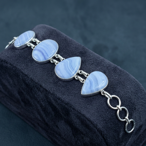 Women's 925 Sterling Silver Cuff <b>Bracelet</b> with Blue Lace Agate <b>Gemstone</b> Bezel Setting for Gift - Product Image 2