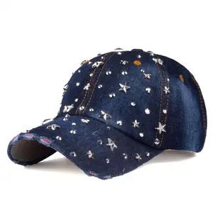 Venta al por mayor personalizado mujeres hombres strass Denim desgastado gorra de béisbol sombrilla protector solar deporte al aire libre papá sombrero Metal estrella gorras de mezclilla