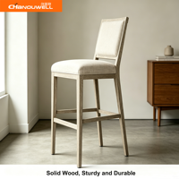 Tabouret de bar contemporain de luxe en chêne massif et tissu, chaise haute rembourrée épaisse pour îlot de cuisine, hôtel, café