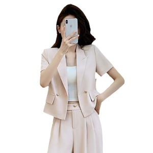 Women's Grey Suit Set Summer Thin Style Casual Short Jacket Pants Solid Color Polyester Satin Breathable No-Wrinkle Treatment - Product Image 5