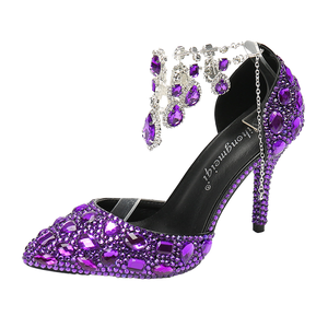 Women's Summer 7cm <b>High</b> <b>Heels</b> Shoes Thin <b>Heels</b> Crystal Diamond Chain Comfortable <b>Closed</b> <b>Toe</b> Bridal Shoes Slip-On Design - Product Image 1
