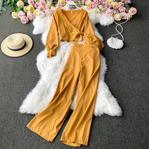Spring Autumn Two Piece <span class=keywords><strong>Outfits</strong></span>ためWomen Long Sleeve Blouse Shirt + High Waist Wide Leg Flares Pants Elegant Korean Sets 4E168 - Product Image 3