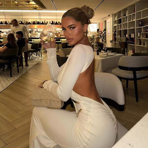 Robe sirène décontractée pour femme, style européen et américain, dos nu, ornée de métalliques, col rond, coupe ajustée, manches longues, pour banquets - Product Image 2