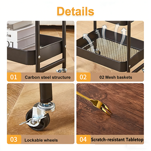 4 Layer Metal Utility Trolley with Wooden Tabletop Multipurpose Rolling <strong>Storage</strong> <strong>Cart</strong> with Casters for Kitchen - Product Image 2
