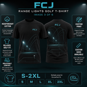 T-shirt da golf da <span class=keywords><strong>uomo</strong></span> OEM ODM Night Range Lights in jersey di cotone 240G con grafica luminosa per campi da golf, ideale per marchi di driving range - Product Image 3