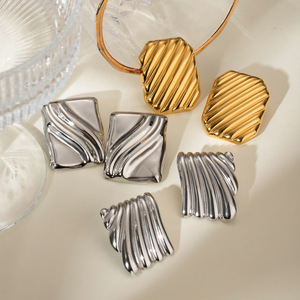 Stud Earrings Square Wave Texture Gold <b>Silver</b> Geometric Fashion Jewelry Party Wearable Accessories - Product Image 2
