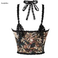 Cottage Core Style Renaissance Lace Trimmer Strap Vest Tank Top Floral Print Corset With Front Drawstring Tie