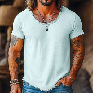 DOVEARK OEM T-shirts pour hommes à col rond et manches courtes, 85% coton, avec logo <span class=keywords><strong>de</strong></span> marque <span class=keywords><strong>personnalisé</strong></span>, bords bruts, effet vieilli, couleur unie, décontractés - Product Image 4