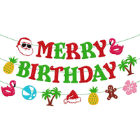 Bannière Joyeux Noël et Joyeux Anniversaire, Décorations de Fête Hawaïenne, Décorations de Fête Tropical d'Été Noël Flamant Rose Ananas Plage
