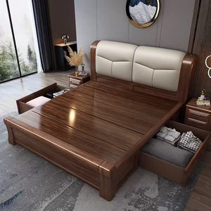 Walnut Solid Wood Bed 1.8m Storage Soft <b>Headboard</b> Modern Chinese Style Double Bed Bedroom Furniture - Product Image 3