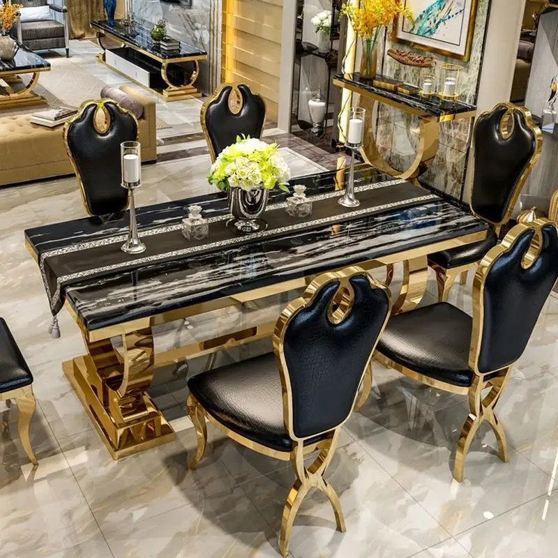 Luxury metal dinner table modern marble top home hotel restaurant square dining table and chair set furniture