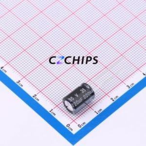 DHC035M227G124S1AA ตัวเก็บประจุอลูมิเนียมอิเล็กโทรไลติกผ่านรู D8xL12mm 220uF 20% 35V 290mA-120Hz - Product Image 1