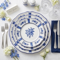 Assiettes en céramique imprimées de fleurs vintage modernes, vaisselle de luxe en porcelaine à bord festonné, ensembles de vaisselle pour restaurant, traiteur, mariage