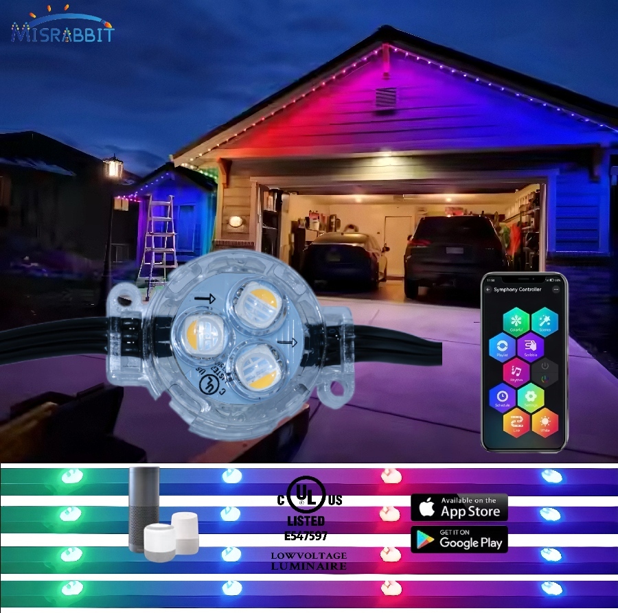 Pixel Track IP68 Waterproof Outdoor String Christmas Lights 24V LED RGBIC Permanent Holiday Lights Wireless Control 5-Year