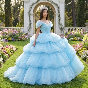 Vestido de quinceañera elegante estilo cuento de hadas, color azul cielo, con falda de tul plisada en capas, para fiesta de noche, modelo Dy1520, marca Jancember. - Product Image 1