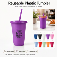 Gobelet réutilisable en plastique PP de qualité alimentaire sans BPA de 16 oz, couleur unie mate, bouteille d'eau portable de 500 ml avec couvercle et paille