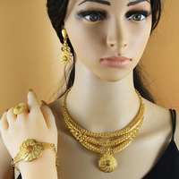 Collar, Pulsera, Aretes y Anillos de Alta Calidad Chapados en Oro de 24K de Dubái, Joyería de Moda Nupcial Árabe para Mujer