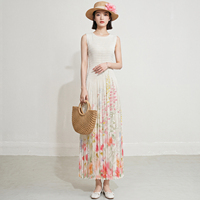 Robe longue plissée Miyake pour femme, coupe trapèze, sans manches, avec corsage uni et imprimé floral aquarelle chic, personnalisable OEM