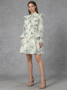 <span class=keywords><strong>Abito</strong></span> Primaverile 2026 Stile Mori Girl Retrò con Cintura, <span class=keywords><strong>Maniche</strong></span> <span class=keywords><strong>Lunghe</strong></span> per Donne, Motivo Floreale e Uccelli Azzurri, Gonna Corta con Bordo Arricciato - Product Image 1