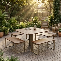 Elegante Mesa Cuadrada para Exteriores con Banco a Juego, Tablero de Madera Maciza, Estructura Metálica, Resistente, Juego de Asientos para Jardín, Parque o Camping, para Todas las Estaciones
