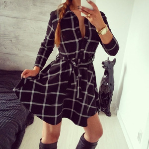 Nouvelle mode de <span class=keywords><strong>robe</strong></span> chemise à <span class=keywords><strong>carreaux</strong></span> <span class=keywords><strong>noir</strong></span> <span class=keywords><strong>et</strong></span> <span class=keywords><strong>blanc</strong></span> pour femmes avec <span class=keywords><strong>robe</strong></span> à manches longues - Product Image 4