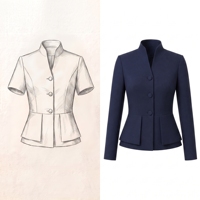 Setelan Kantor Wanita Biru Dongker Kerah Tegak Jaket Peplum Tiga Kancing Lengan Panjang Celana Panjang Set Resepsionis Hotel Custom MTM