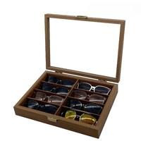 Boîte de rangement pour lunettes en bois de noyer à 8 emplacements, doublure en daim marron, couvercle en verre véritable, charnières papillon, étui organisateur pour lunettes de soleil
