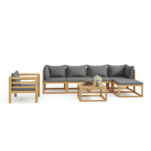 Ensemble de salon de jardin en bois d'acacia massif avec coussins, 7 pièces, mobilier d'extérieur au design contemporain - Product Image 1