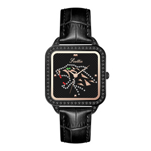 Reloj de pulsera de cuarzo de lujo para mujer, con esfera cuadrada en oro rosa, bisel de cristal, esfera con diseño de pavo real, correa de cuero verde y diamantes. - Product Image 2