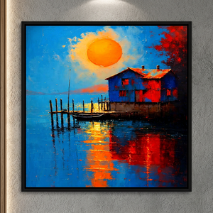 Tableau encadré Paysage marin impressionniste avec reflets aquatiques de bateau et maison au coucher du soleil, Décoration intérieure, Impression sur toile, Peinture murale artisanale - Product Image 1