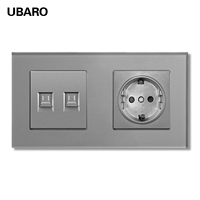 Enchufe de Pared Combinado de Vidrio Templado Tipo 157, Enchufe Europeo Schuko de 16 A y 220 V con Puerto de Red RJ45 para TV y Corriente Débil