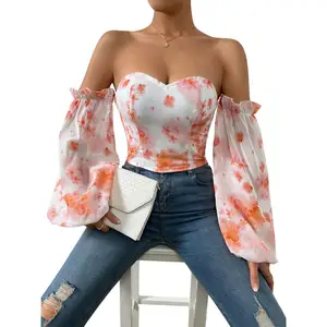 Customization Spring Floral Print Off-the-shoulder Long Sleeve Women Fashion Short Corset Blouse Blouse Women Style