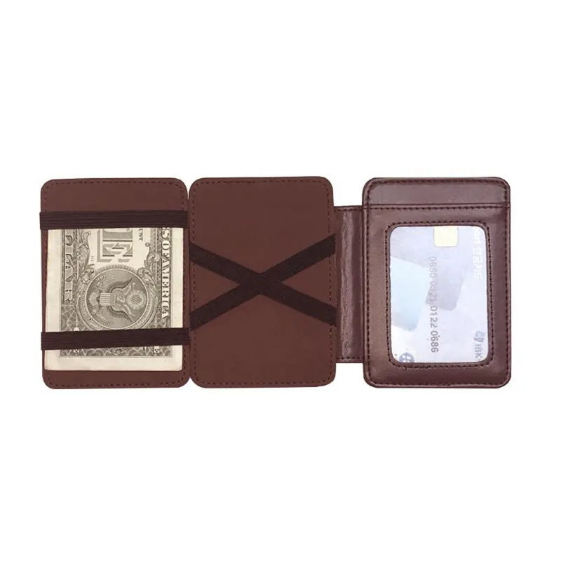 Slanke magic wallet custom driebladige ontwerp pu leather magic wallet voor mannen en vrouwen met ID kaarten creditcards en elastische band