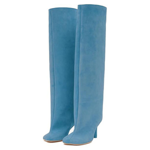 Bottes élégantes pour femmes, style cowgirl, en daim nude, à large <span class=keywords><strong>mollet</strong></span>, avec fourrure, bottes hautes pour femmes, bottes longues pour femmes, bottes mi-<span class=keywords><strong>mollet</strong></span> pour femmes - Product Image 1