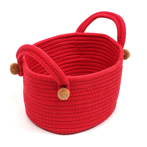 Ensemble de 3 paniers de rangement en coton tissé rond multicolores Pompons rouges pour cadeau de Noël - Product Image 2