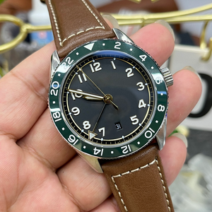 Montre mécanique pour homme en acier inoxydable avec lunette verte, cadran noir, bracelet en cuir, affichage de la date, analogique sportive, 40 mm - Product Image 3
