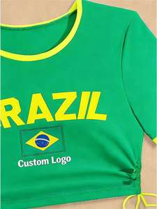 Conjunto de Bikini de Dos Piezas para Mujer con Logotipo Personalizado al por Mayor, Camiseta de Manga Corta con Letras y Bandera de Brasil, EE. UU. y Rusia, Top Corto y Bikini con Aberturas - Product Image 4