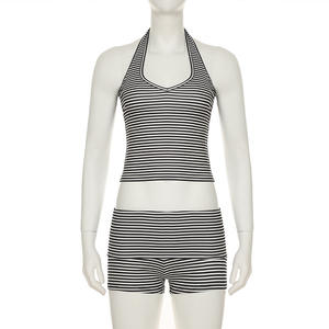 Viviblook Z0207ST Traje deportivo de verano para mujer, chaleco halter a rayas en blanco y negro, pantalones cortos, conjunto de dos piezas - Product Image 3