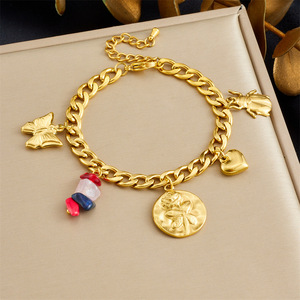 Fashion Charm Bracelet Gold Tone Chain With Butterfly Heart Rose Pendant Colorful Beads Unisex Jewelry Gift - Product Image 1