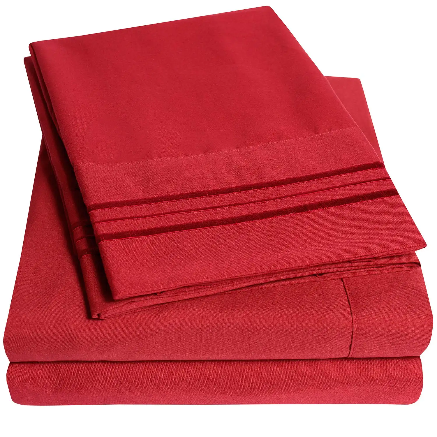 บ้านผ้าปูที่นอน100% โพลีเอสเตอร์แปรงไมโครไฟเบอร์สีทึบเตียงสีแดงชุดแผ่นแบนติดตั้งแผ่นชุด