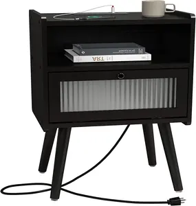 Meados Do Século Moderno Nightstand End Table Mesa Lateral Mesas De Cabeceira Com Vidro Porta Decorativa e Estação De Carregamento