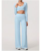 Ensemble de sport 2 pièces : Haut de yoga à manches longues, uni, anti-transpiration, à bretelles halter et pantalon drapé, avec dos ajouré, en Spandex/Nylon