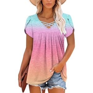 FOXA Camisa tipo túnica para mujer, manga corta, con estampado degradado, transpirable, de punto, informal, de verano - Product Image 2