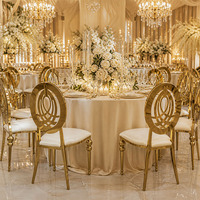 Chaises de banquet de mariage de luxe avec dossier ovale croisé, chaises en acier inoxydable doré brillant pour événements commerciaux et hôteliers