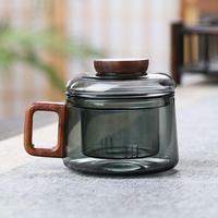 Tasse à thé en verre transparent noir classique résistant à la chaleur avec poignée en bois, grande capacité 200 ml, ensemble café et thé