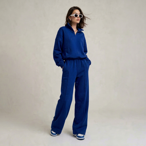Ensemble de survêtement décontracté pour femme, bleu, à manches longues, col roulé léger à demi-zip, coupe ample, imprimé, avec pantalon de jogging à poches latérales et taille élastique - Product Image 1