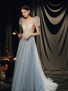 Azul largo de lujo Sexy ilusión señora chica Mujer Princesa banquete actuación baile vestido de graduación vestido - Product Image 4