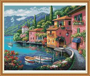 NKF Colorful House by the Water Pattern Kit <span class=keywords><strong>de</strong></span> <span class=keywords><strong>point</strong></span> <span class=keywords><strong>de</strong></span> <span class=keywords><strong>croix</strong></span> Jouet <span class=keywords><strong>de</strong></span> tissage et <span class=keywords><strong>de</strong></span> couture pour débutants avec outils et fils comprenant <span class=keywords><strong>du</strong></span> tissu - Product Image 2